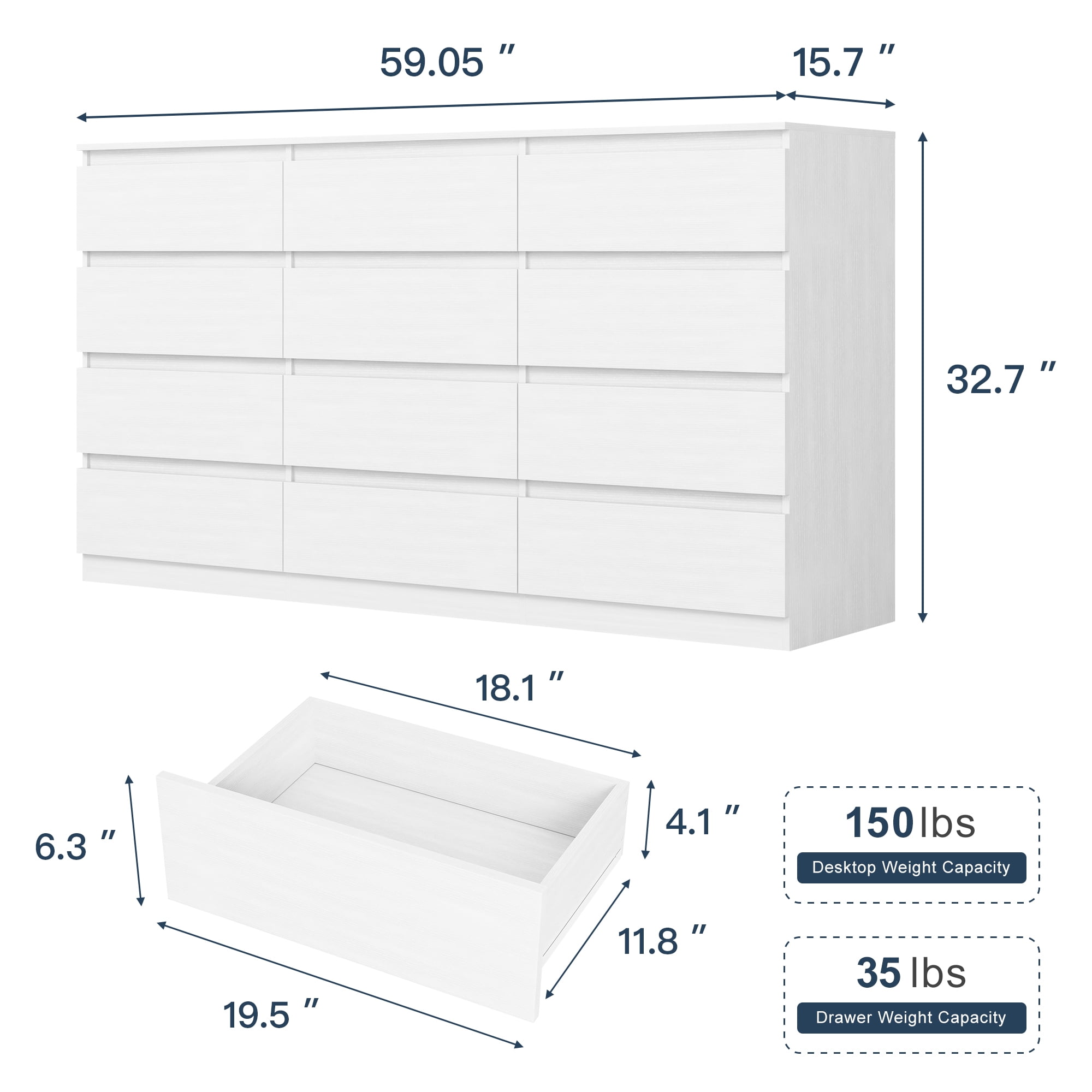 Finihen 12 Drawer Double Dresser, Modern 12 Chest of Drawers with Deep Drawers, Wide Storage Organizer Cabinet for Living Room, Kids, White Finihen 12 Drawer Double Dresser, Modern 12 Chest of Drawers with Deep Drawers, Wide Storage Organizer Cabinet for Living Room, Kids, White