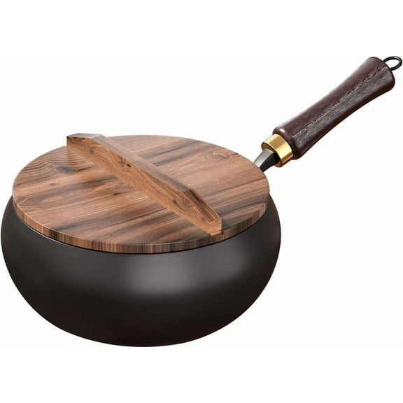 Carbon Steel Wok Pan, nitrided woks Uncoated Heats Evenly Multi-Purpose Frying Pan, Suitable for Any Stove, Oven or Even Camping Campfire with Lid and Wooden Handle(26cm)