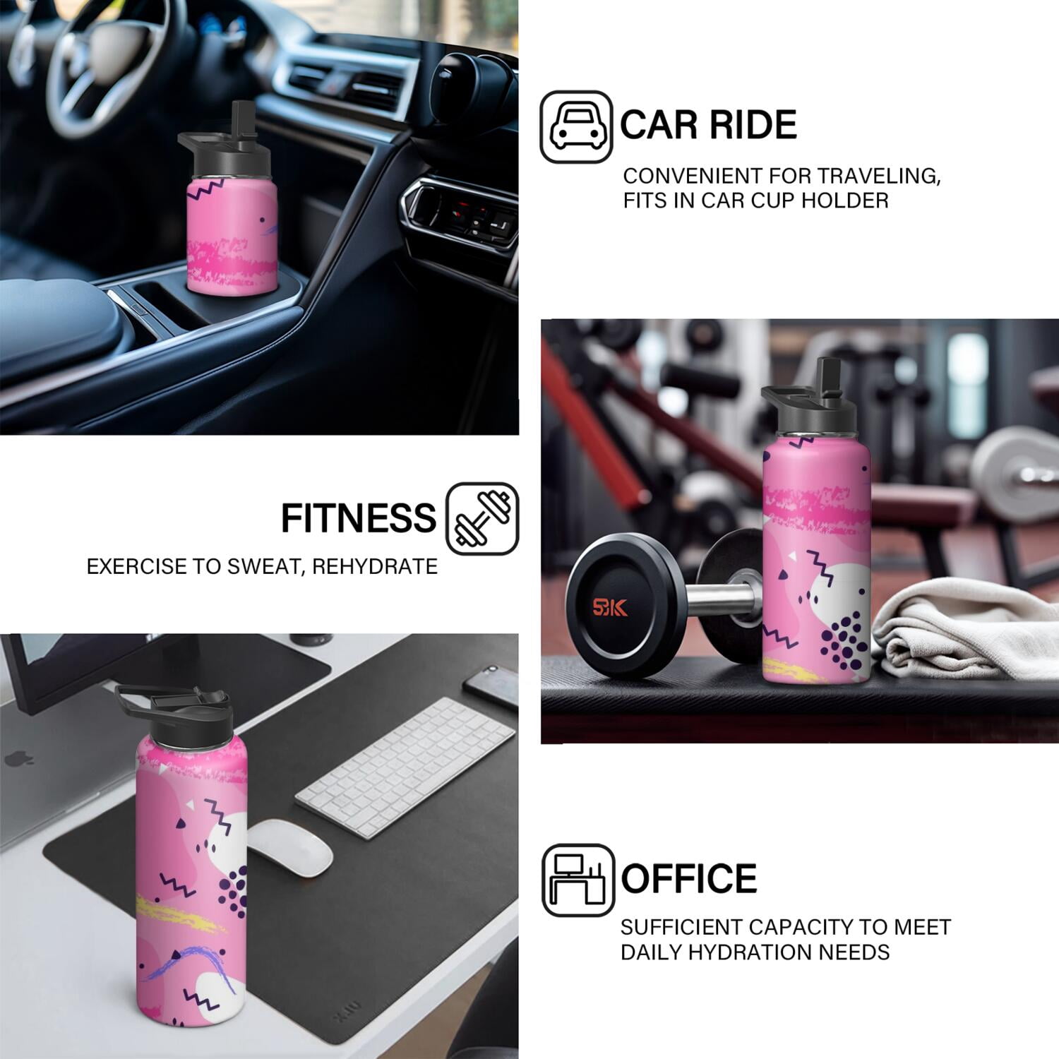 Modern 18 oz Insulated Stainless Steel Water Bottle with Straw & Cleaning Brush , Leakproof, BPA-Free, 304 Stainless Steel, Wide Mouth, Travel Mug for Car, Gym, Office