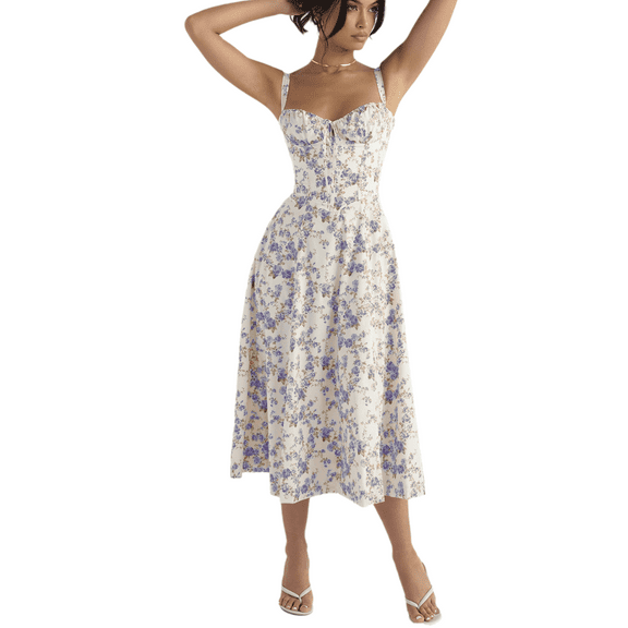 Eternatastic Womens Corset Dresses Sleeveless Split Floral Printed Midi Dress French Style Beach Vacation Dress