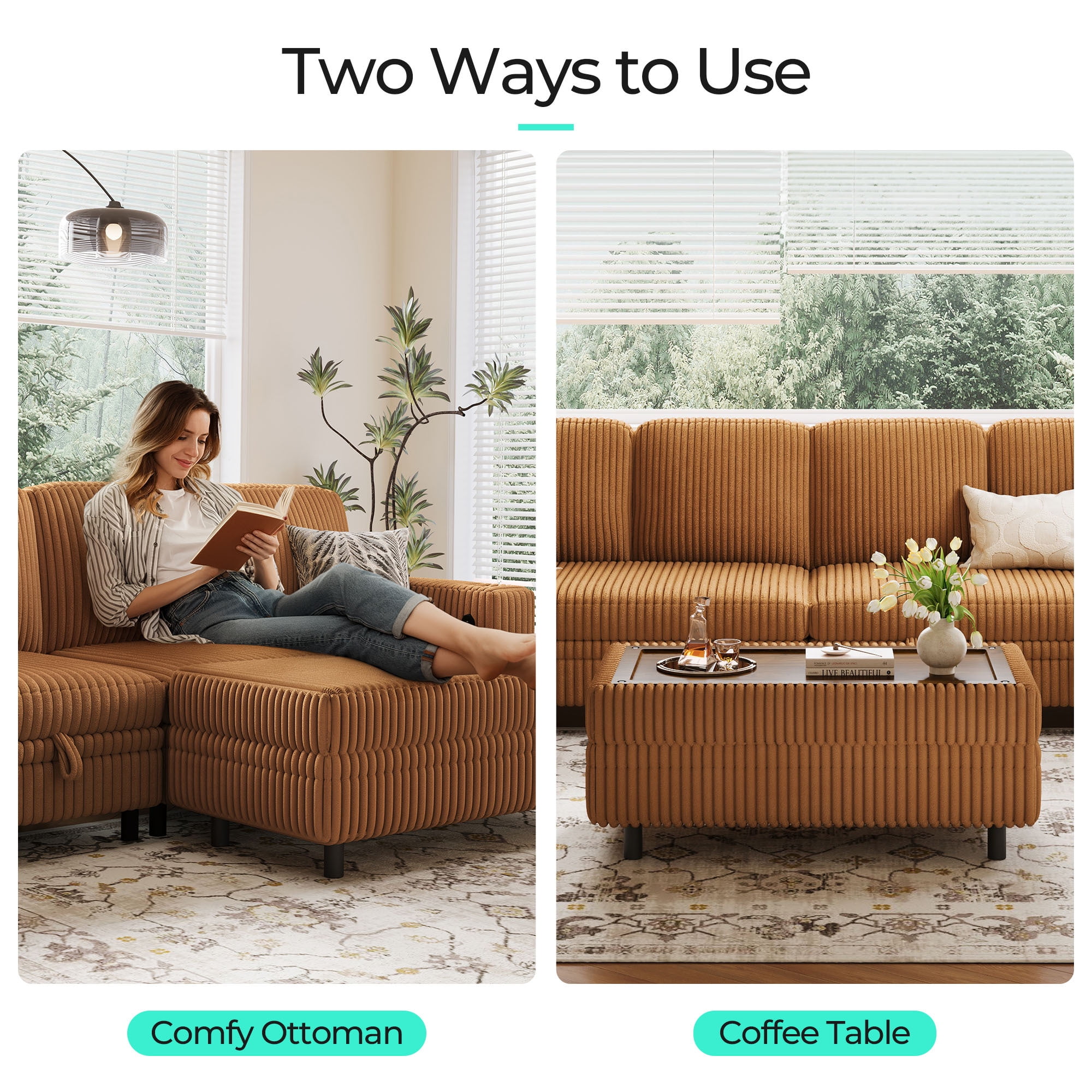 Linsy Home Plush Corduroy Storage Ottoman, Upholstered Ottoman Bench for Sofa, Coffee Table or Footrest, for Living Room, Bedroom or Entryway, Brown