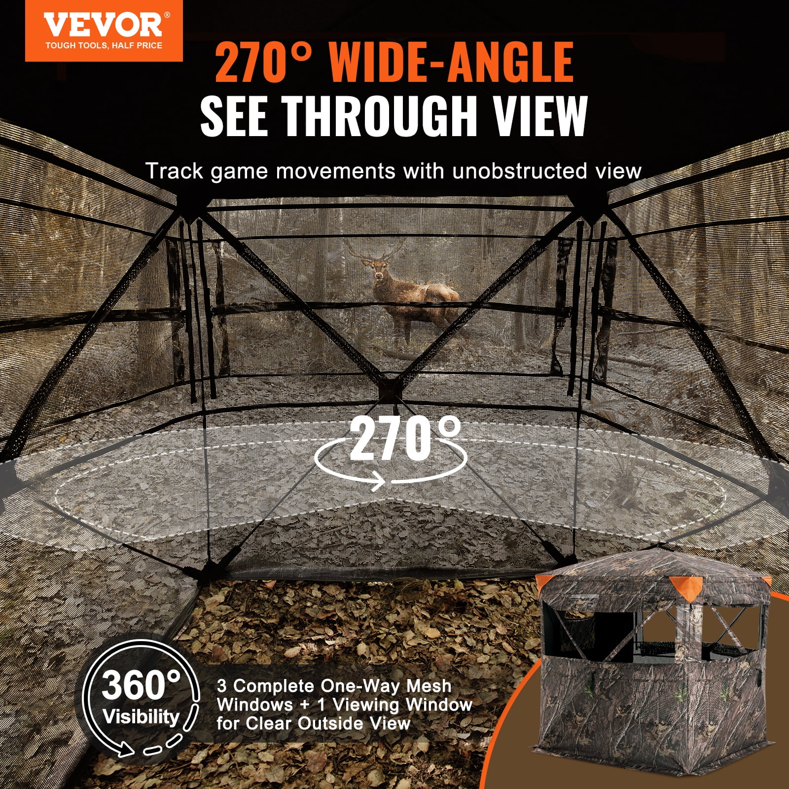 VEVOR Hunting Blind, 270° See Through Ground Blind, 2-3 Person Pop Up Deer Blind for Hunting with Carrying Bag, Portable Resilient Hunting Tent, One-Way See-Through Mesh for Turkey and Deer Hunting