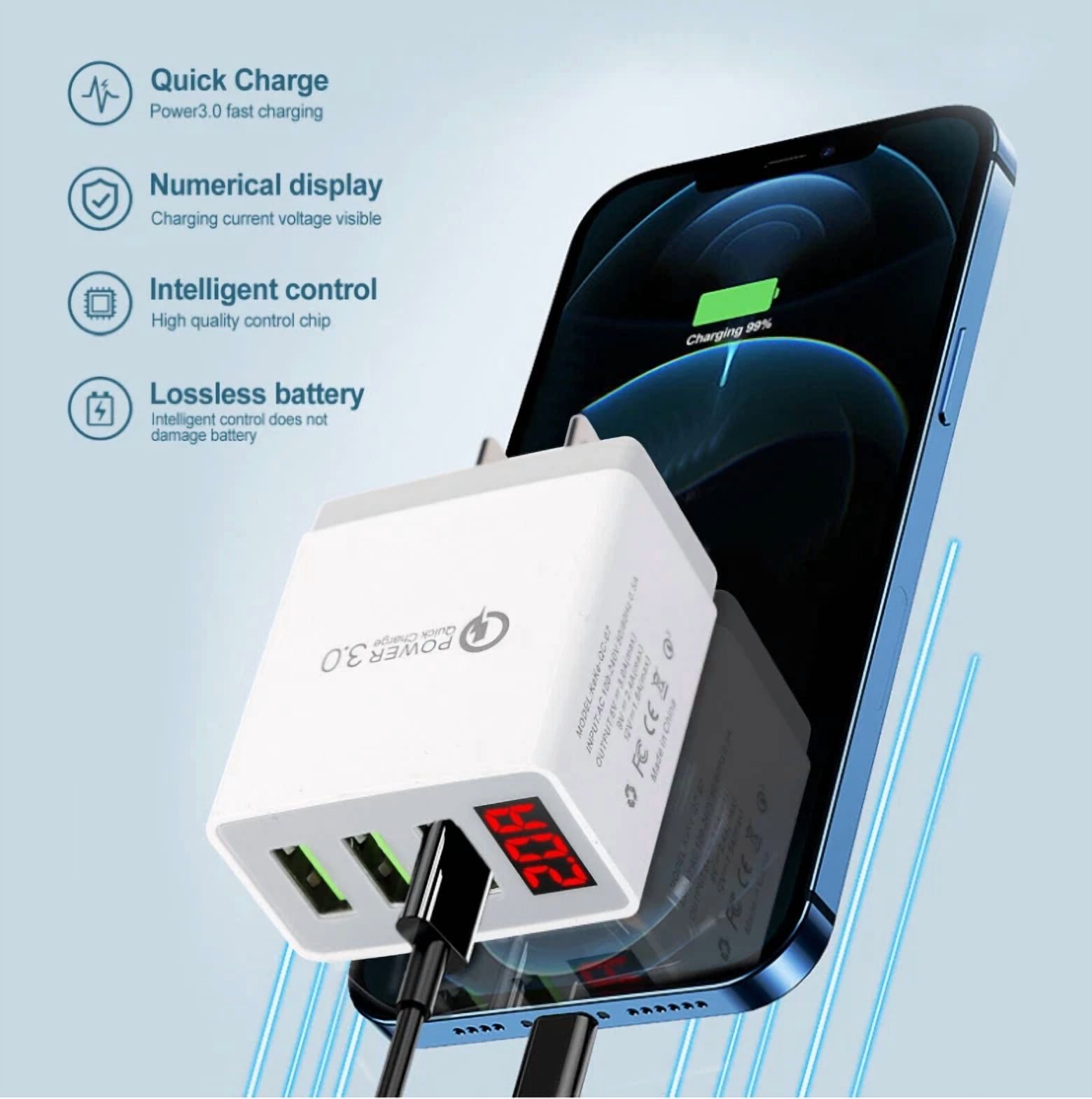 BUTTERFLY- 2 Pcs 3 Port Fast Quick Qc 3.0 Usb Hub Wall Charger Power Charge Adapter Us Plug