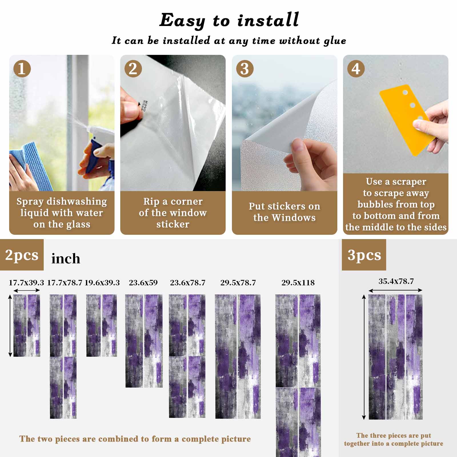 Purple Grey Privacy Window Film, Decorative Frosted Glass Window Film, Modern Oil Painted Abstract Art Aesthetics Reusable Peel and Stick Static Cling for Home Bathroom Office Glass Door 35.4"x78.7"