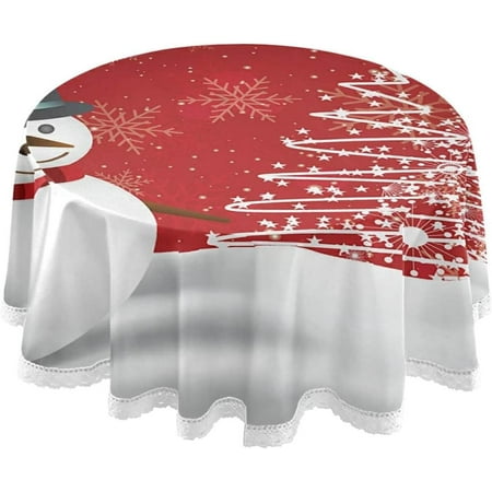 SKYSONIC 60" Merry Christmas Snowman Round Tablecloth Snowflake Tree Table Cloth Cover Mat Washable Polyester Dining Decorative for Holiday Home Picnic Party Wedding