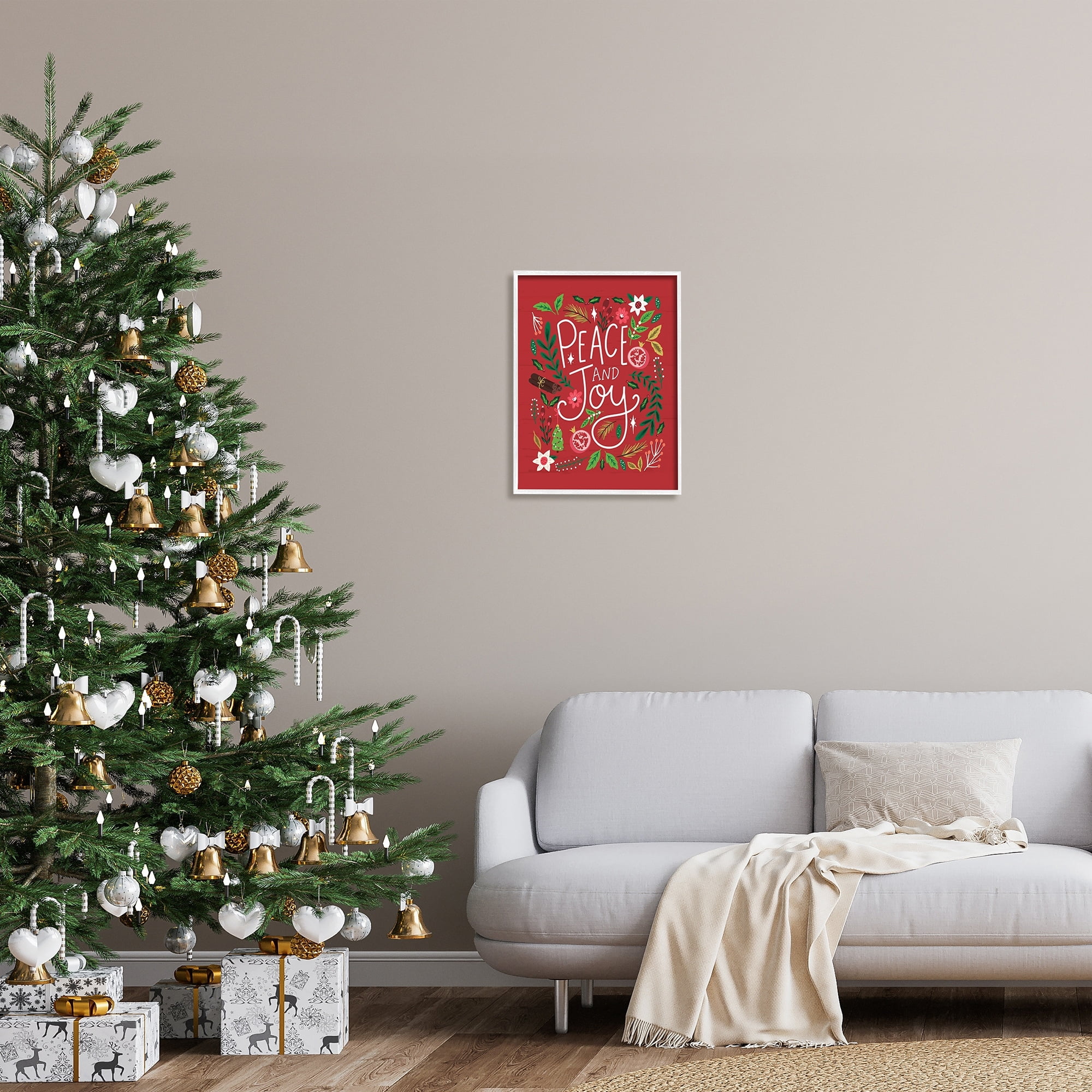 Stupell Industries Peace & Joy Holiday Botanicals Plants Modern Calligraphy Graphic Art White Framed Art Print Wall Art, Design by Louise Allen