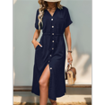 thumbnail image 6 of Women'S Solid Color Dress Summer Casual Short Sleeve Button V Neck Dresses Long Beach Shirt Dress with Pockets Navy Blue L, 6 of 7