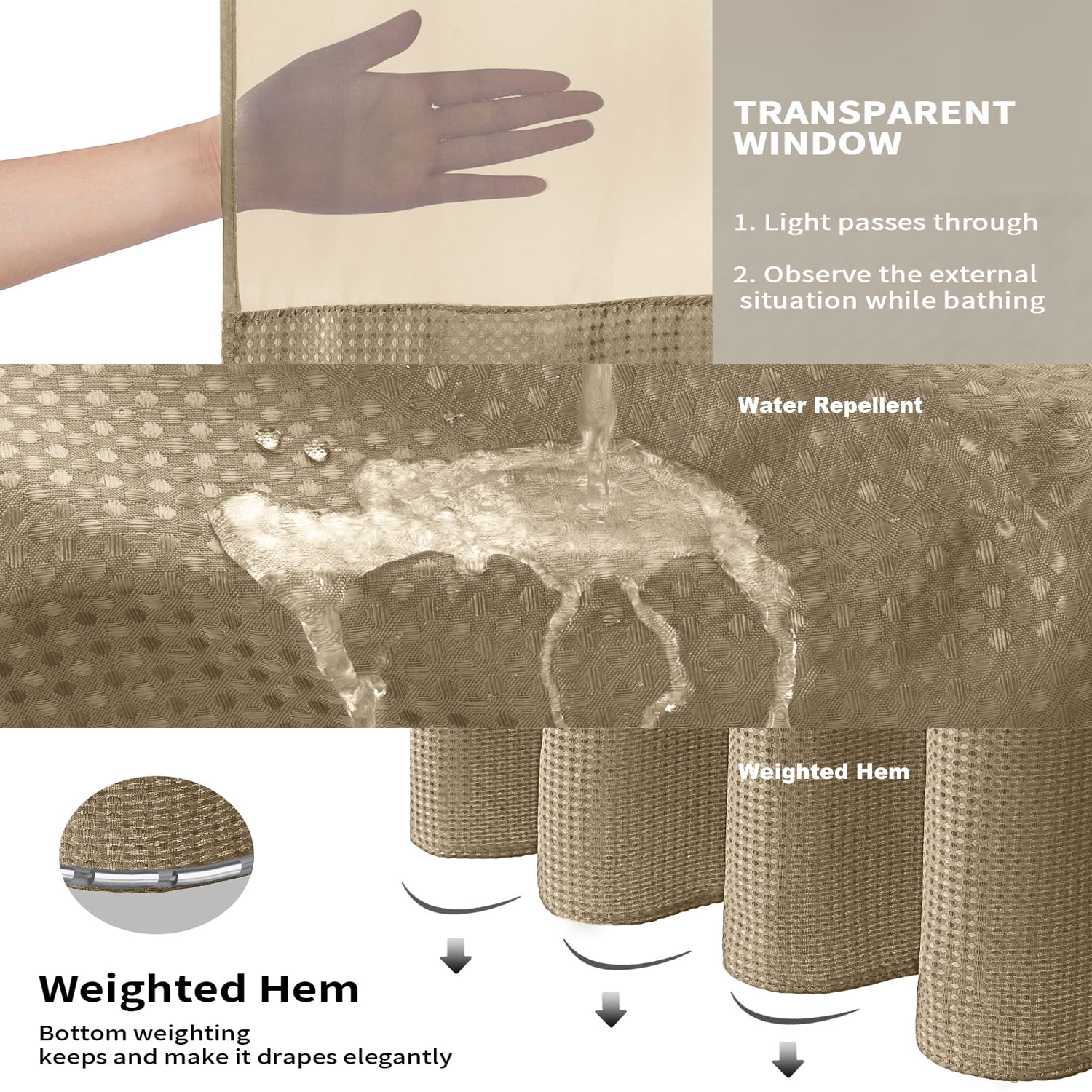 DawnJoanHD Waffle Weave No Hook Shower Curtain with Snap-in Liner, Beige Polyester Fabric with See-Through Top Window, 72" x 75"