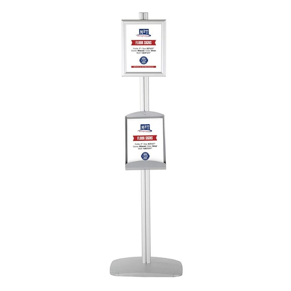 M&T Displays Free Standing Display Stand with 1 x (8.5x11) snap Frame in Portrait/Landscape and 1 x (8.5x11) Steel Shelf, Single Sided (Silver)
