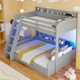 thumbnail image 4 of Harper & Bright Designs Twin over Full Bunk Bed with Storage, LED Lights & Charging Station, Wood Bunked Bed Beside Shelves for Bedroom, Grey, 4 of 17
