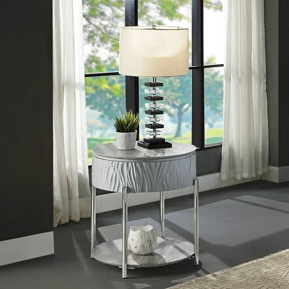 Metal Legged Grey Gloss End Table - Enhance Your Home Decor High With Round Top And Shelf Stylish Living Room