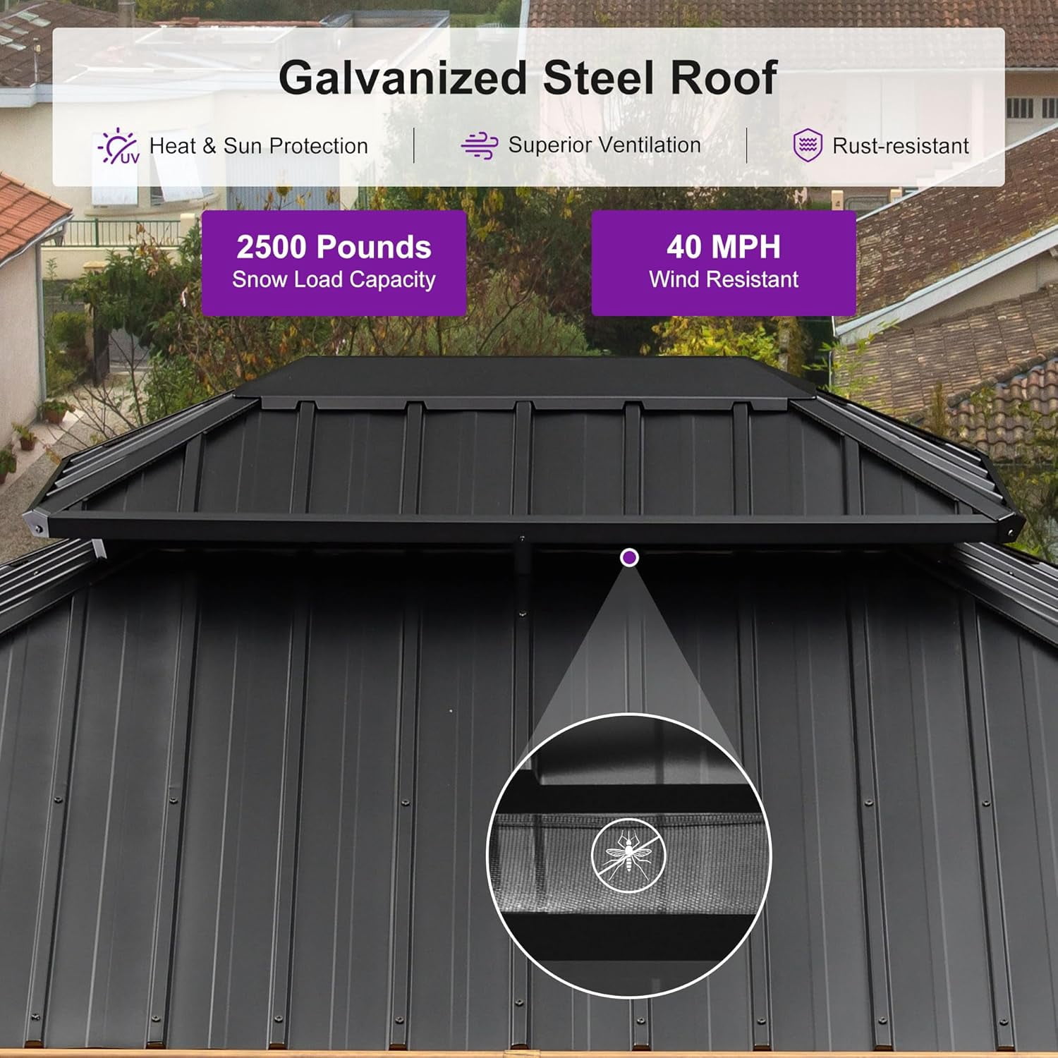 PURPLE LEAF 10' X 12' Outdoor Hardtop Gazebo for Patio Galvanized Steel Double Roof Permanent Canopy Teak Finish Coated Aluminum Frame Pavilion Gazebo with Netting