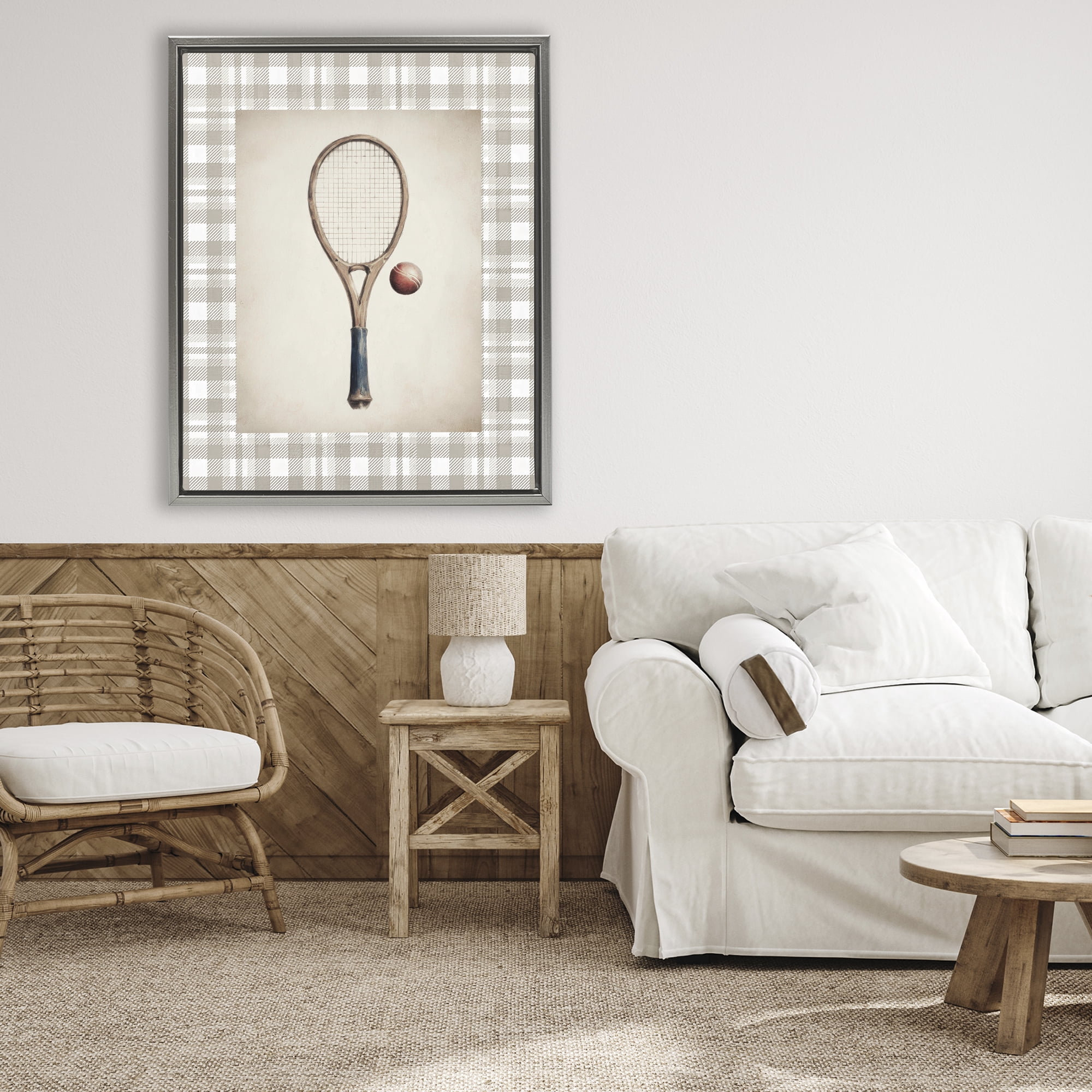 Stupell Industries Vintage Tennis Racket & Ball Gray Framed Floater Canvas Wall Art, design by Sisi and Seb