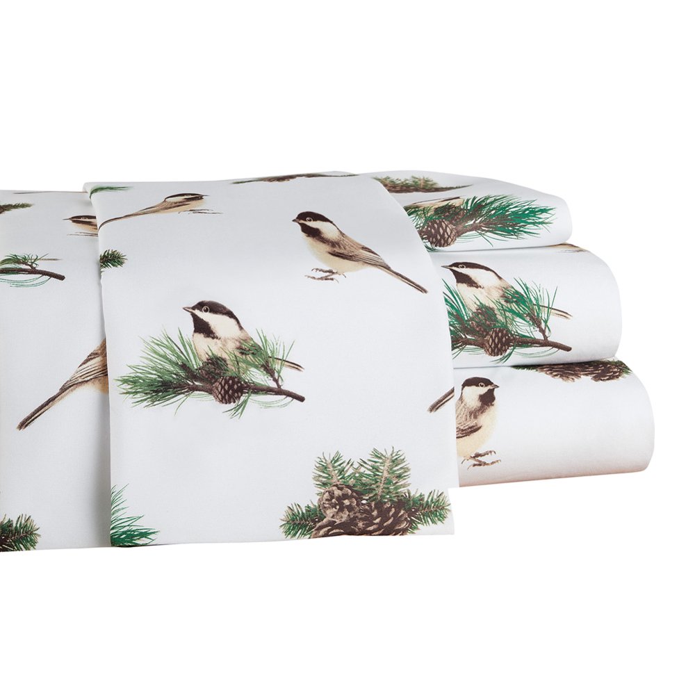 Cozy Winter Chickadees Bed Sheet Set with Pinecone Accents, 4 Pc