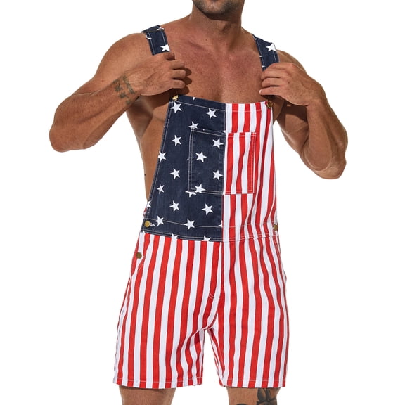 250th Anniversary American Flag Overalls for Men Bib Coveralls Shorts Romper 4th of July Outfits(Red White and Blue,L)