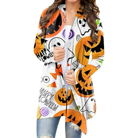 

2022 Women s Halloween Cardigan Pumpkin Cat Ghost Printed Long Sleeves Open Front Plus Size Sweater Coat Tops