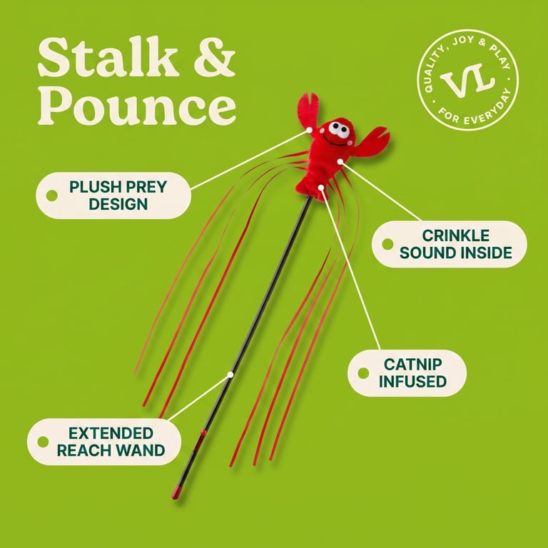 Vibrant Life Wiggle Lobster Wand Teaser Cat Toy with Catnip, 18