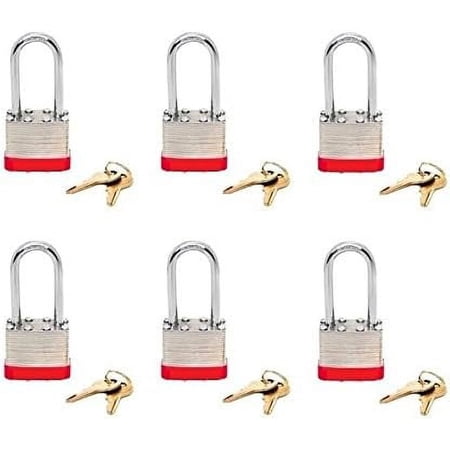 (TM) Padlock Box of 6!!! Long Shackle (1 7/8") Laminated Steel Keyed Alike (A389) Padlocks. Multipack Padlock