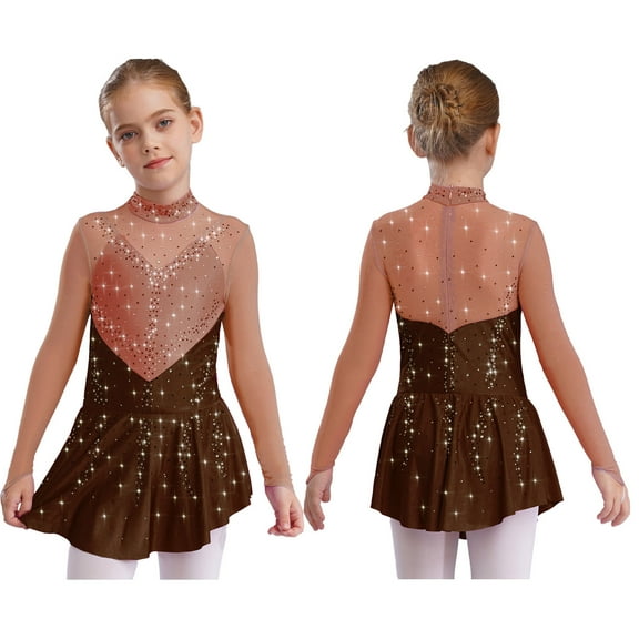 Kaerm Big Girl's Sparkly Figure Skating Dresses Ballet Dance Tutu Skirted Jazz Latin Gymnastics Dancewear Brown 6