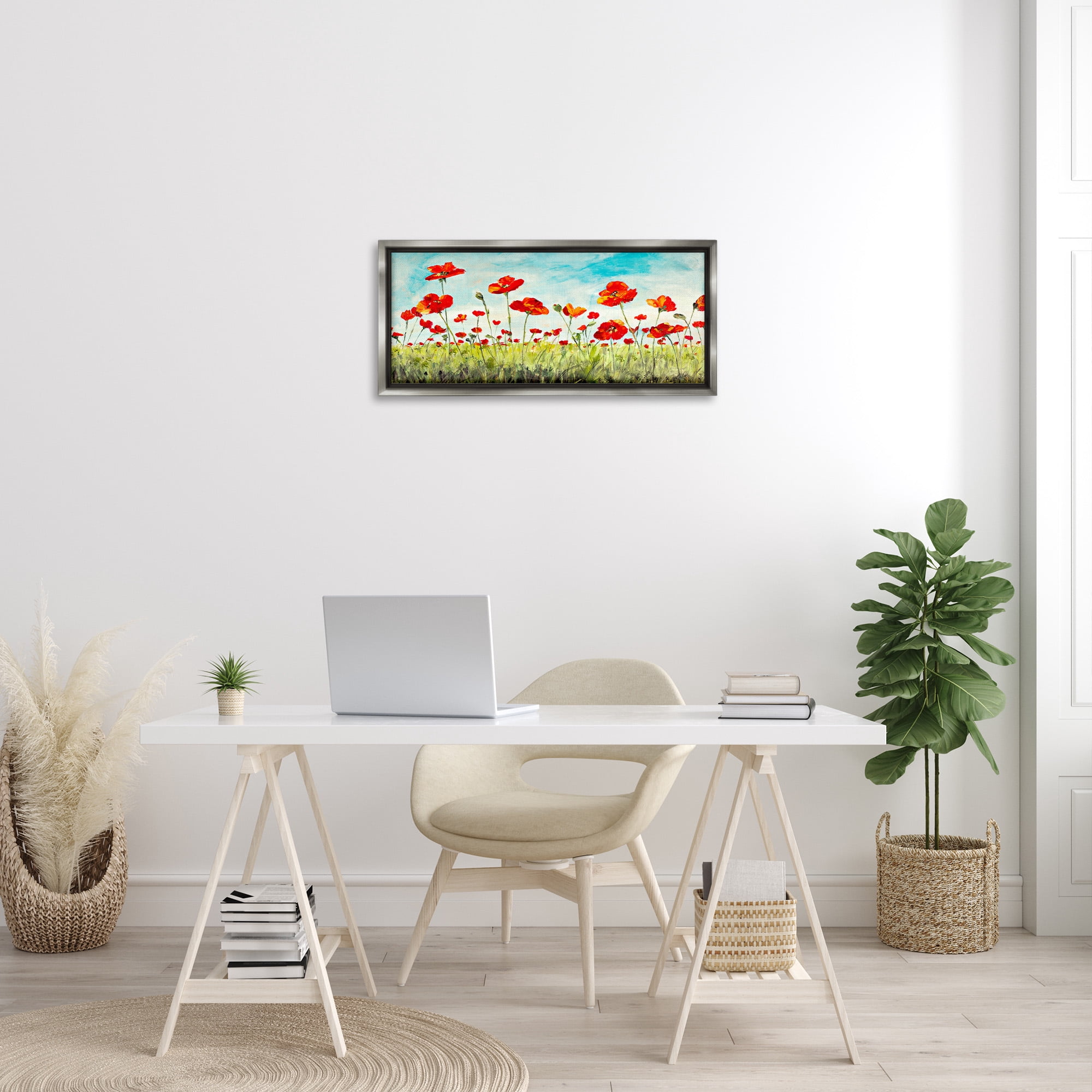Stupell Industries Bright Red Poppies Meadow Botanical & Floral Painting Gray Floater Framed Canvas Art Print Wall Art, 31 x 14