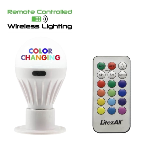 LitezAll LED PortaBulb, Remote Control Color Changing Light Bulb, Battery Powered, 12 Colors Plus White