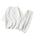 thumbnail image 1 of Two Piece Pants Sets Mens Two Piece Solid Cotton Linen 3/4 Sleeve V Neck Tops and Shorts Set, 1 of 11