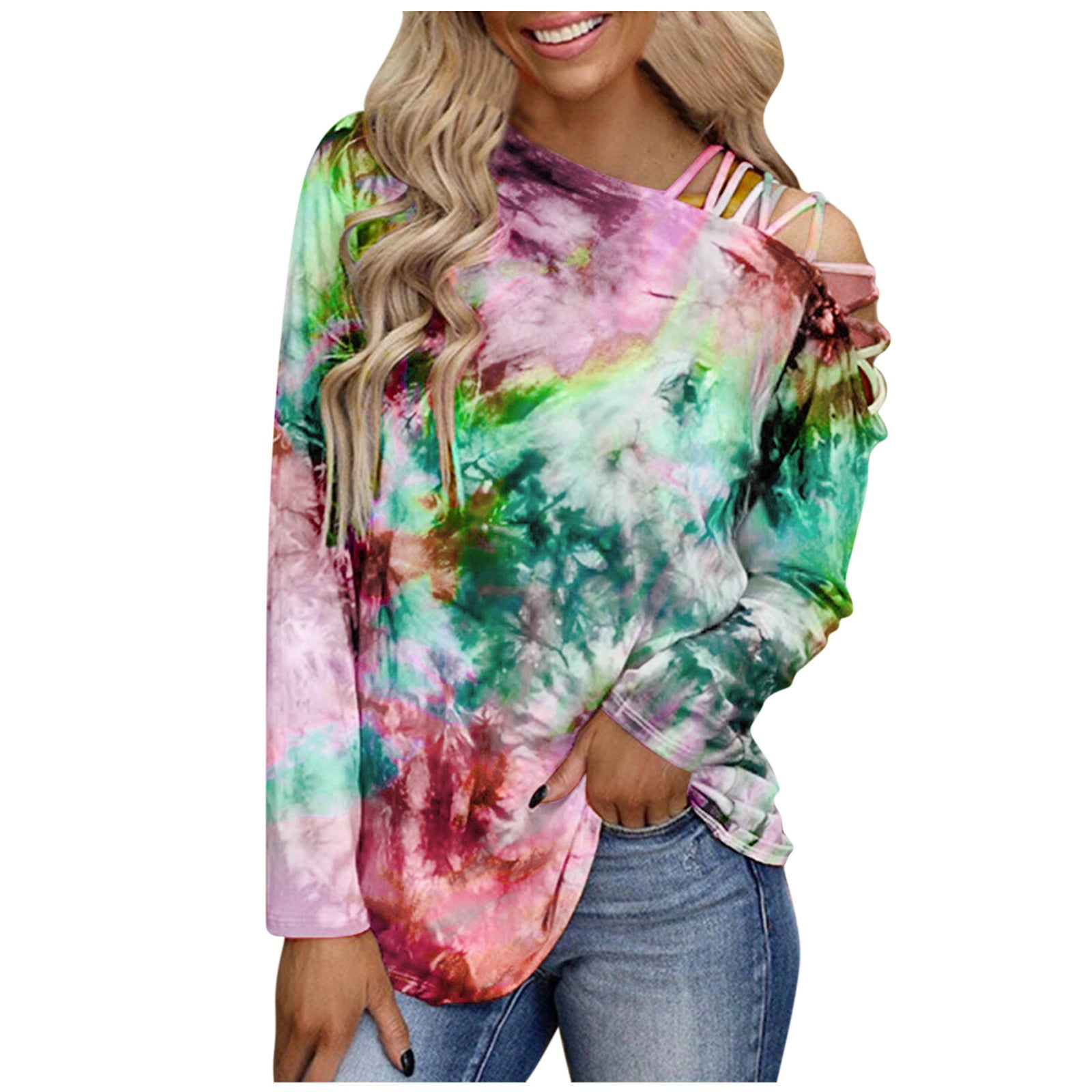 Womens Cold Shoulder Summer T-shirts Ladies Casual Loose Tie-dye Blouse Tee Tops