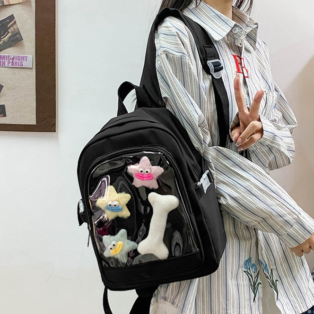 Slccxzc Black Ita Bag with Clear Windows Nylon Rucksack Casual Backpack for Women