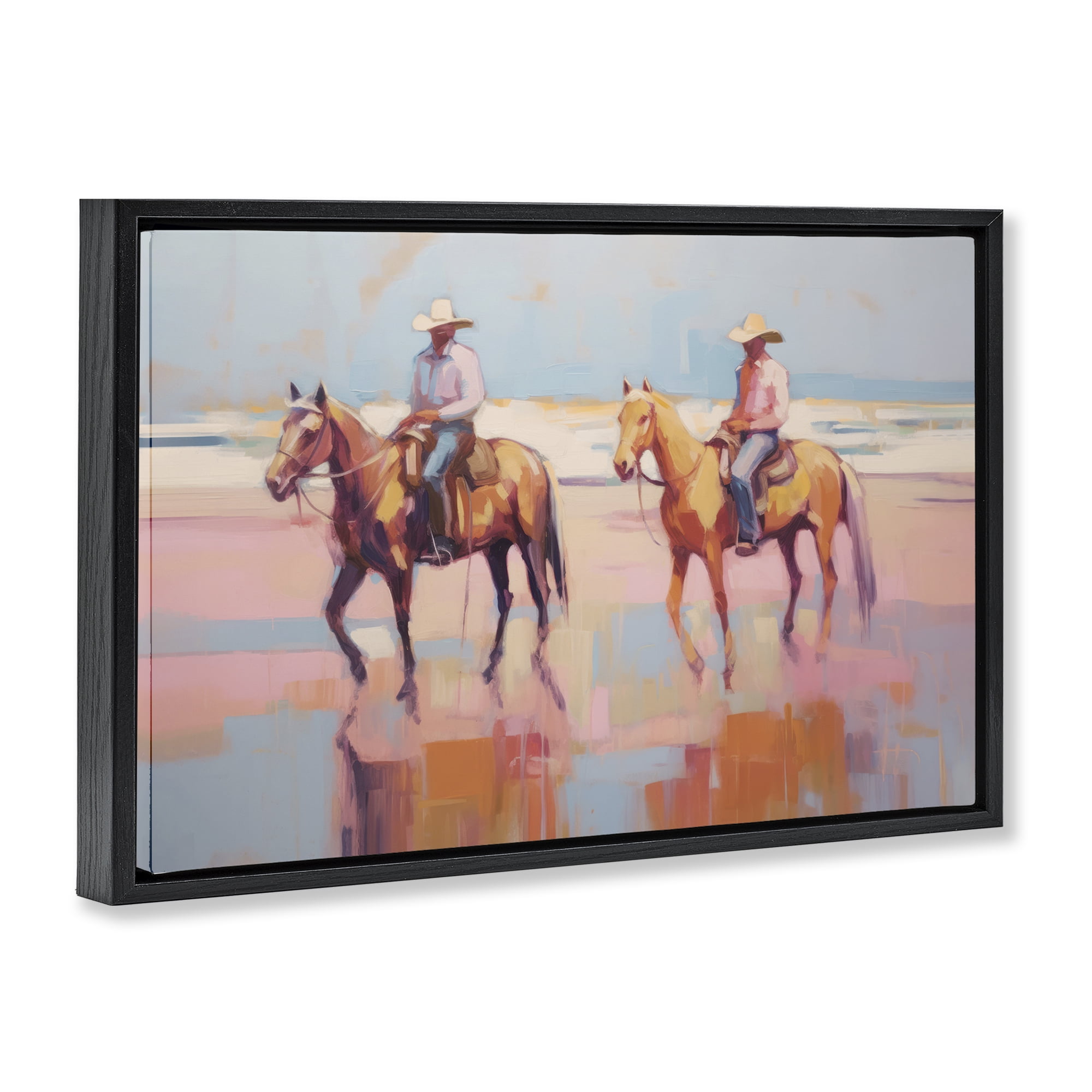 Stupell Industries Two Cowboys in Creek People Painting Black Floater Framed Canvas Art Print Wall Art, 31 x 21