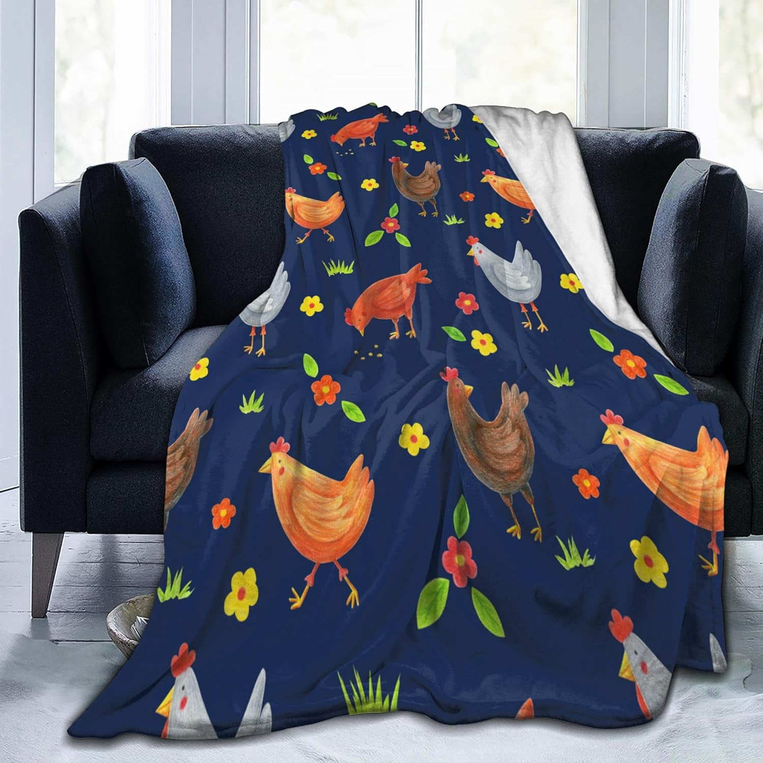Chicken Blanket Gifts for Kids Adults for Bed Living Room Bedding Couch Soft Warm Lightweight Cozy Cute Embroidery Rooster and Sunflowers Throw Blankets Birthday Decor 50x60in All Seasons