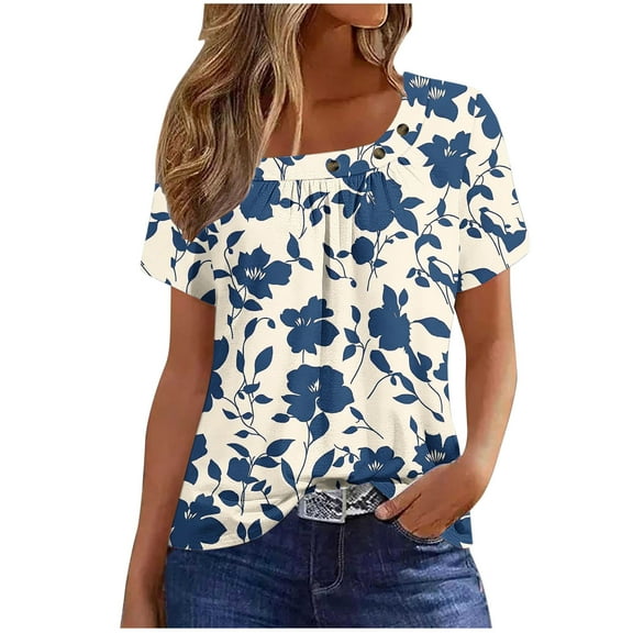 GERsome Womens Short Sleeve T-shirts Summer Pleated Square Neck Floral Tops Casual Loose Fit Tee, Sizes S-3XL