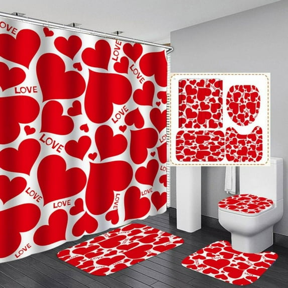 Valentines Shower Curtain Romantic Love Shower Curtain Sets with Non-Slip Rug, Toilet Lid Cover, Bath Mat and 12 Hooks, Durable Waterproof Shower Curtain Sets