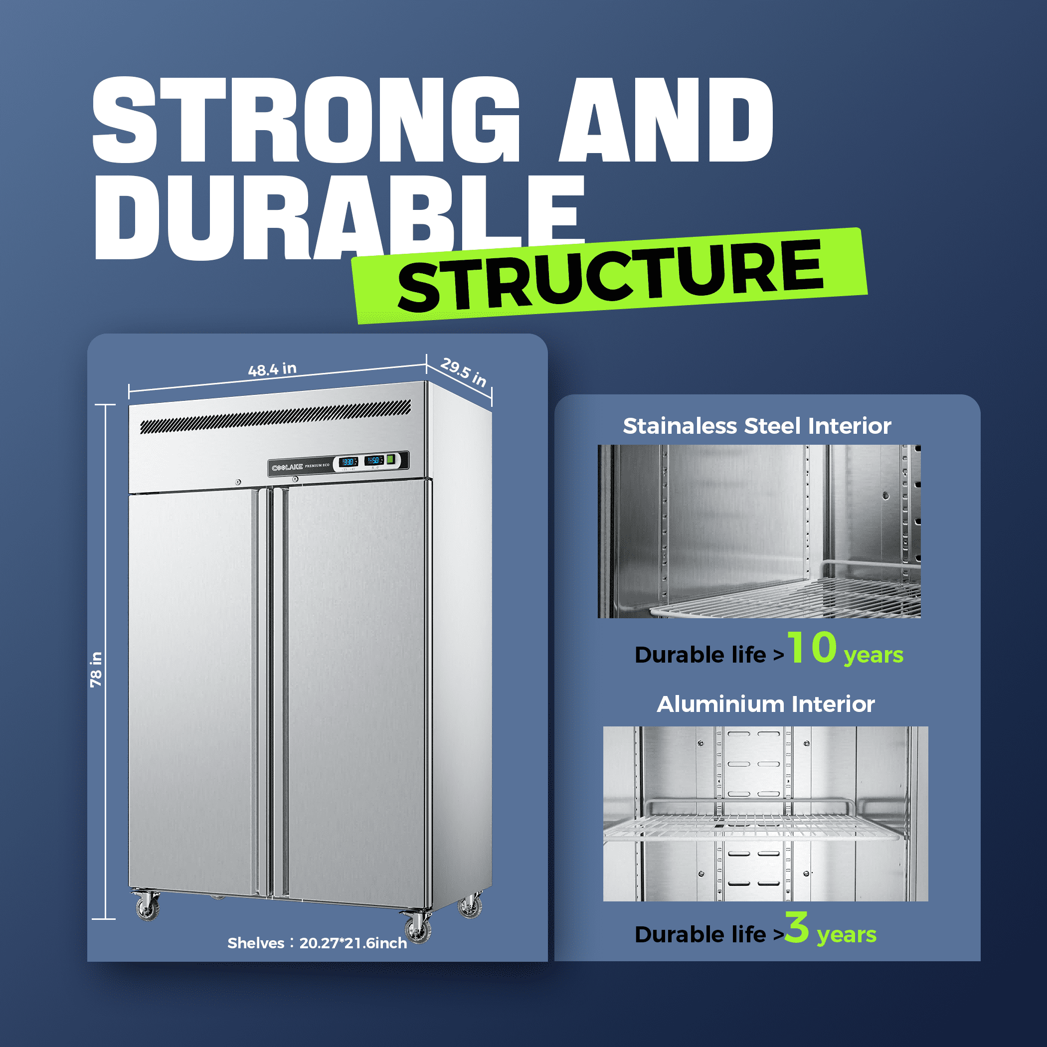 Coolake Commercial Refrigerator And Freezer Combo, 48" W Dual Temperature Zones, 36 Cu.ft 2 Door