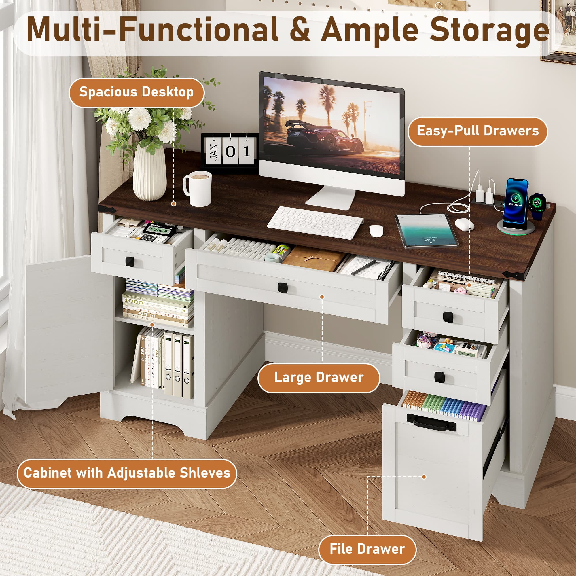 58" Farmhouse Executive Desk with 4 Drawers & Charging Station, Office Computer Desk with File Drawer, Rustic Wooden Study Desk Workstation for Home Office
