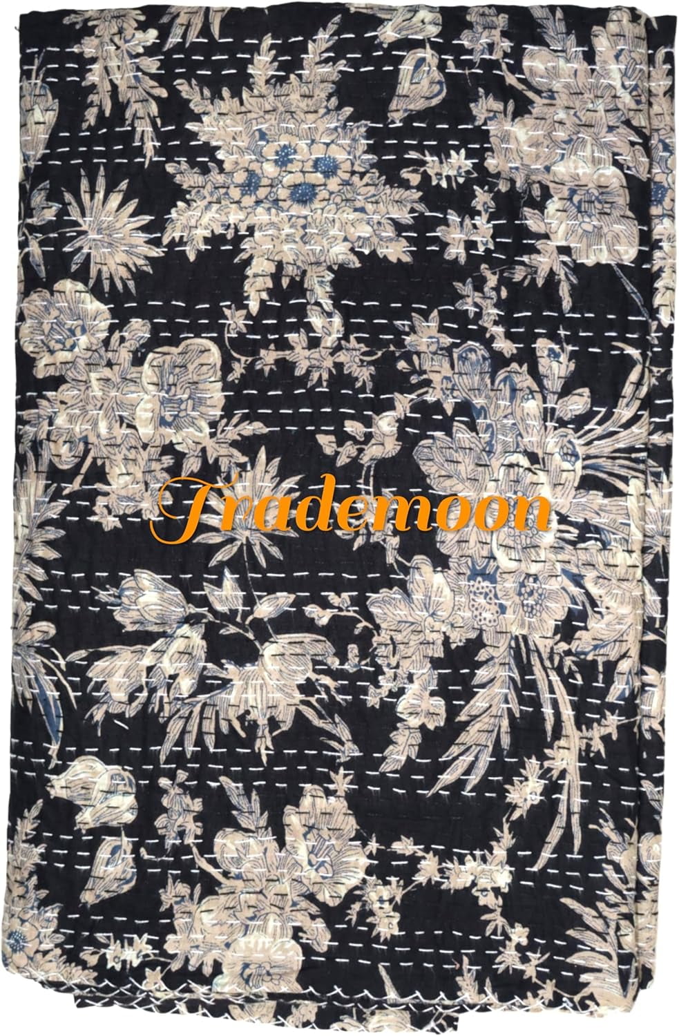 Indian Vintage Floral Kantha Quilt, Black & White Cotton Bedspread with White Stitched Pattern, Kantha Gudri(Twin Size - 60" x 90")