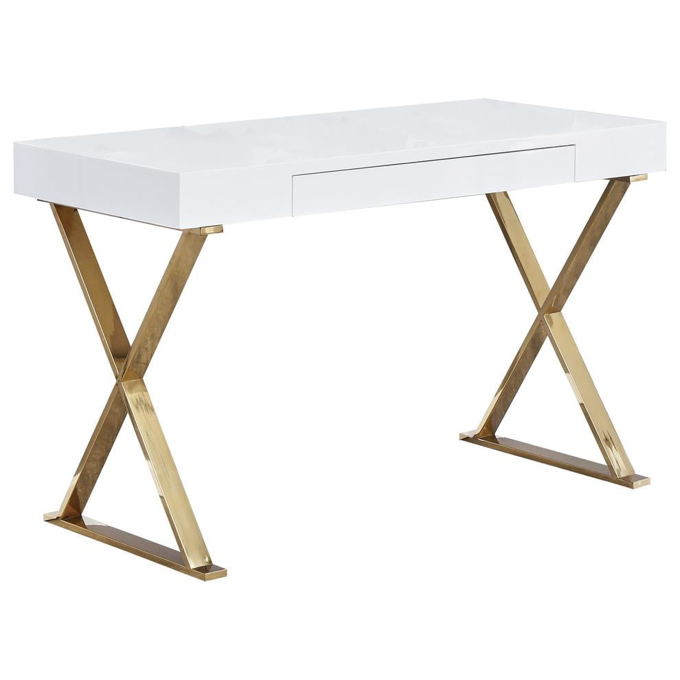 Acme Lightmane Writing Desk - White High Gloss Top With Gold Metal Legs, 2 Drawers