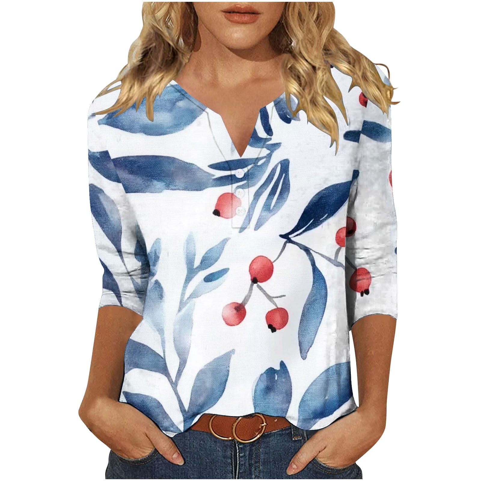 Sentmoon Blouses 3/4 Length Sleeve Button V Neck Womens Tunics to