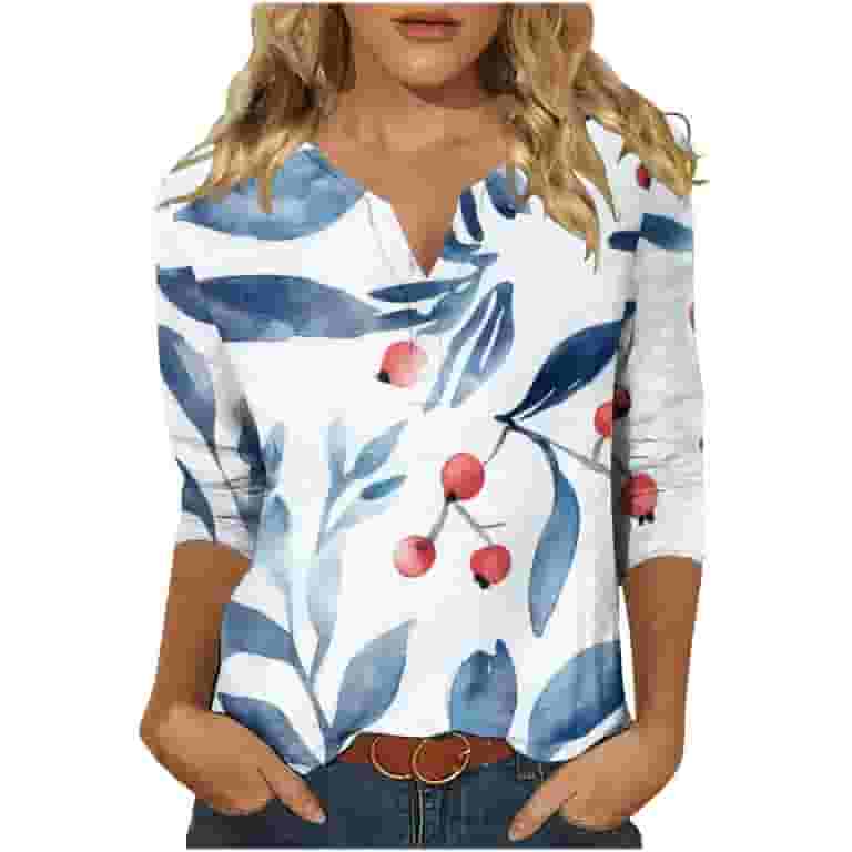 Sentmoon Blouses 3/4 Length Sleeve Button V Neck Womens Tunics to