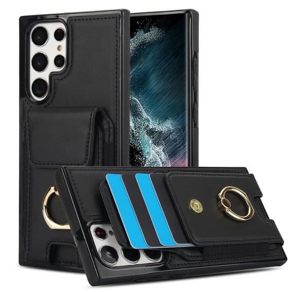 for Samsung Galaxy S22 Ultra Premium PU Leather Back Case with Card Slot Rotating Ring Stand Magnetic Button Stretchy Fabric Stylish Drop Protection Phone Case Cover for Samsung S22 Ultra, Black