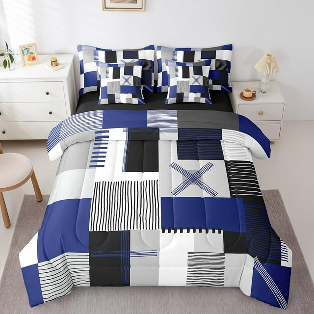 Erosebridal Patchwork Rectangle Bedding Queen Size,Geometry Stripe Comforter Sets with Sheets,Abstract Artwork Decor,Reversible,Lightweight,7 Pieces