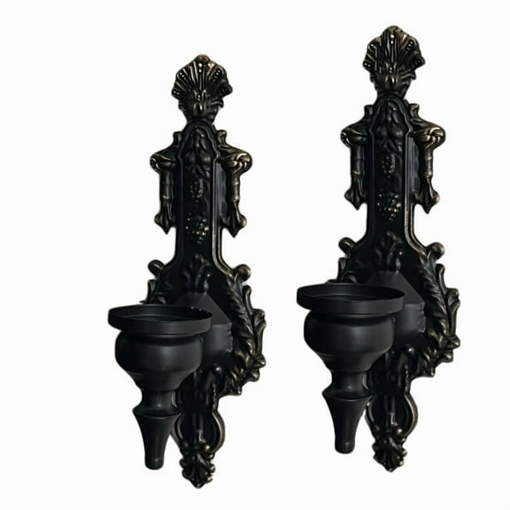 2pcs Black Metal Carved Candlesticks, Vintage Gothic Wall Mounted Candle Holder, Rustic Wall Mounted Pillar Candle Sconces for Home Decoration, Living Room, Hallway, Decorative Wall Décor