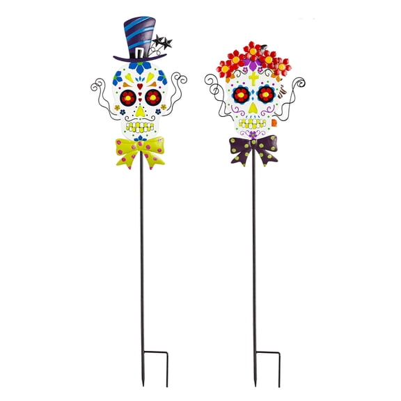 40"H Glow in the Dark Garden Stake, Colorful Skulls, 2 Asst