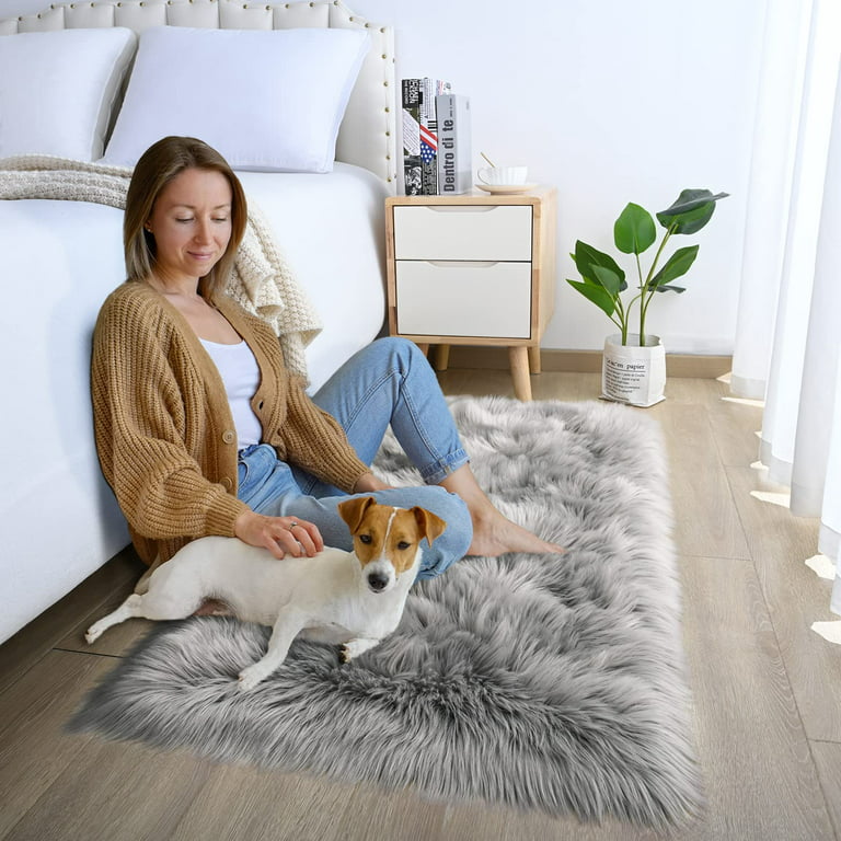 Ghouse Rectangular Grey Area Rug 2x5 feet, Thick and Fluffy Faux Sheepskin  Machine Washable Rectangular Plush Carpet, Faux Sheepskin Rug for Living