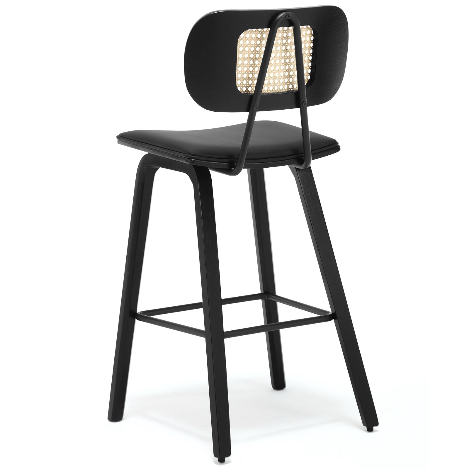 WOOW DEPOT PU Bar Stools 26" Counter Height w/ Rattan Back Set of 1, Modern Black Bent Wood Bartool Leather Upholstered Chair for Kitchen Pub Island Dining Room