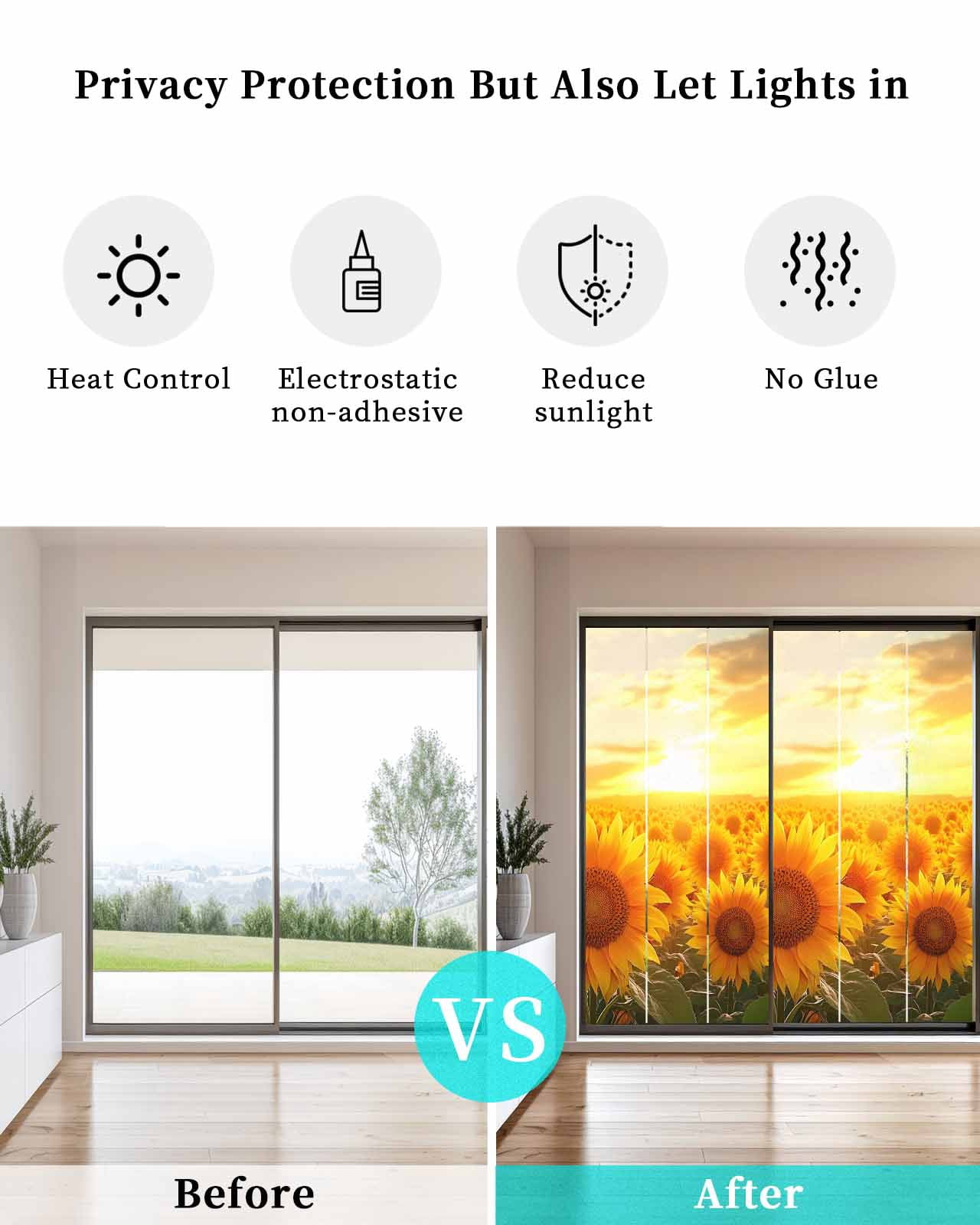 Window Privacy Film Summer Sunflowers Stained Glass Window Film Decorative Sun Block Window Cover Farmhouse Botanical Floral Sunset Window Clings Static Adhesive Sticker for Bathroom 23.6"x59"