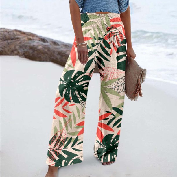 WILLBEST Pantalones Casuales de Verano para Mujer, Estampado Elástico, Cintura Alta, Pierna Ancha, Cómodos, Estilo Largo con Cinturón Informal y Bolsillo. Extra Grande
