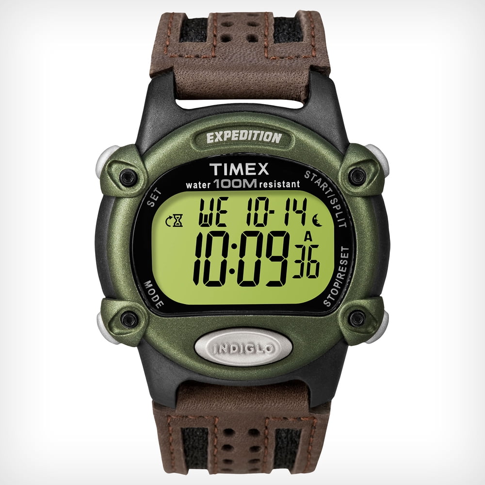 Timex T48042 Men's Expedition Digital Dial Green Bezel Grey Resin Case Brown Leather and Nylon Strap Chronograph Alarm Watch