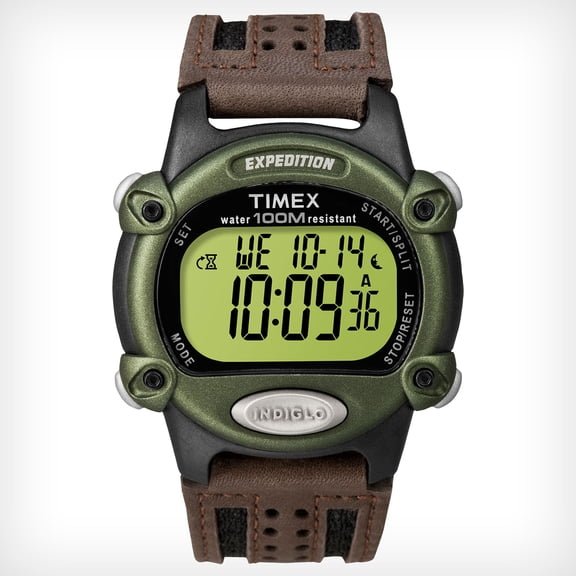 Timex T48042 Men's Expedition Digital Dial Green Bezel Grey Resin Case Brown Leather and Nylon Strap Chronograph Alarm Watch
