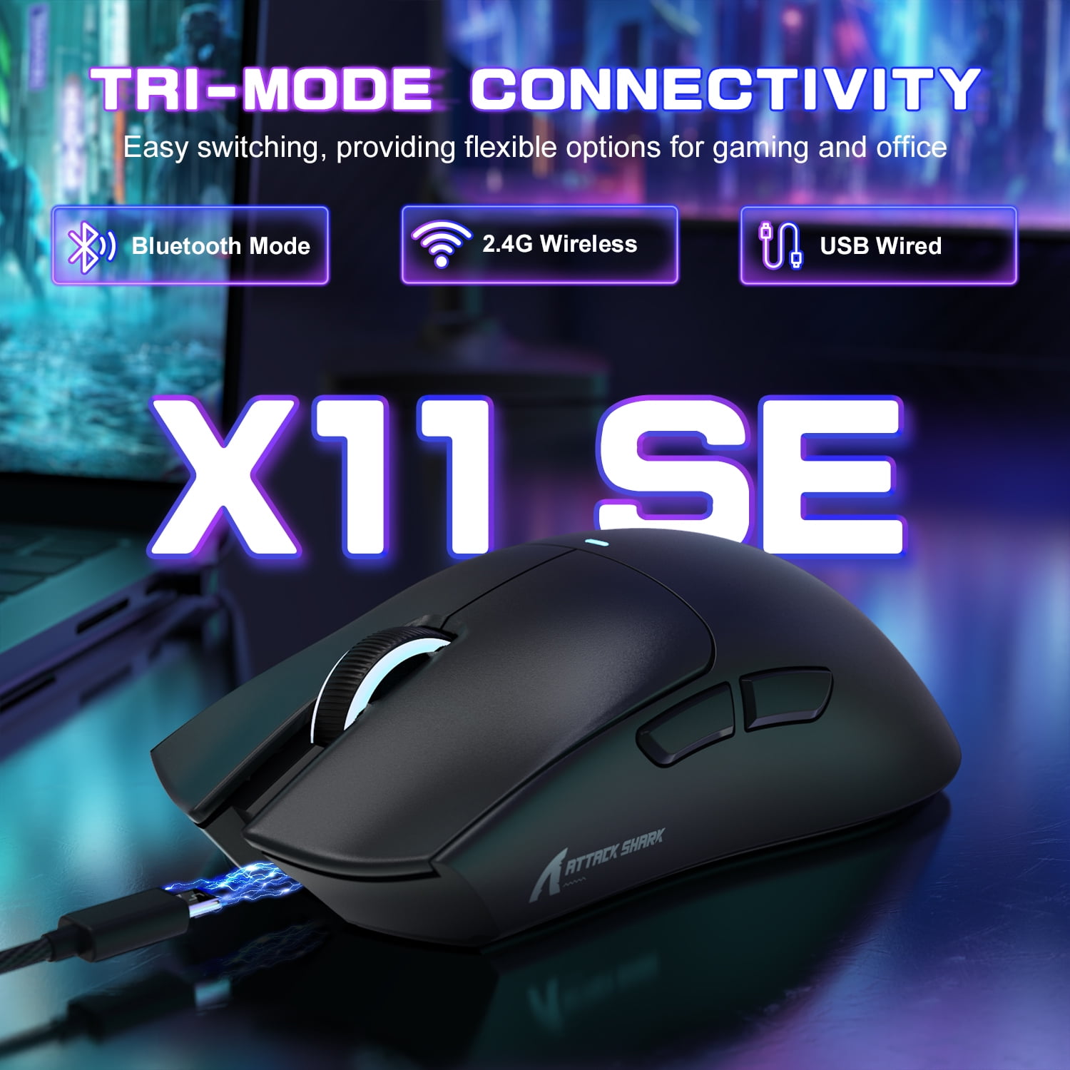ATTACK SHARK X11SE Wireless Gaming Mouse, PixArt PAW3311 Gaming Sensor, BT/2.4G Wireless/Wired, 65 Hours Battery, Upgrade BK52820 Chip