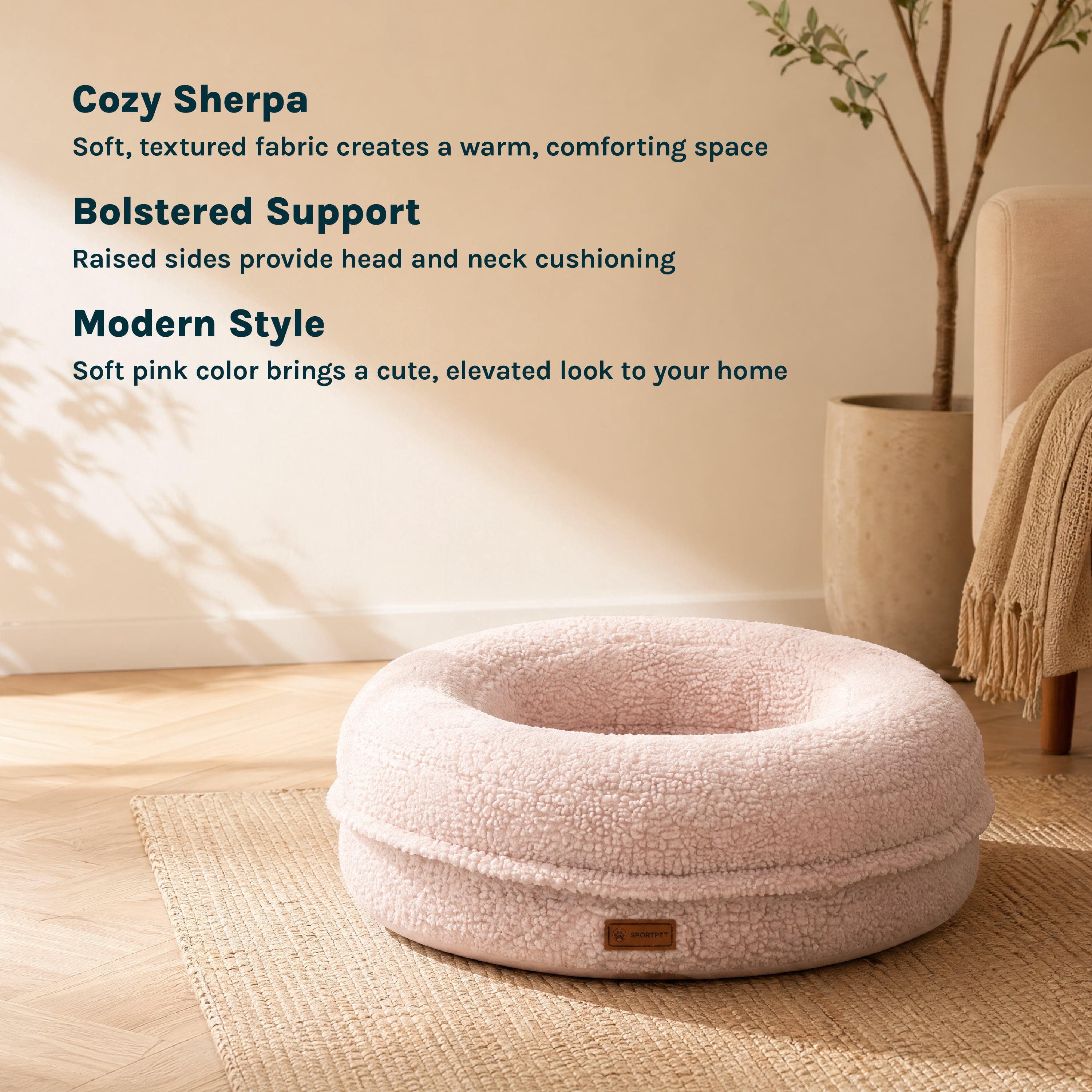 SportPet Sherpa Round Donut Bolster Cuddler Pet Bed, Pink, One Size